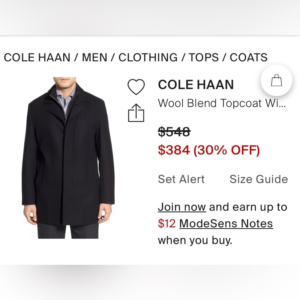 Cole Haan woolblend topcoat with inset knit bib, grey jacket w/ black bib, sm!